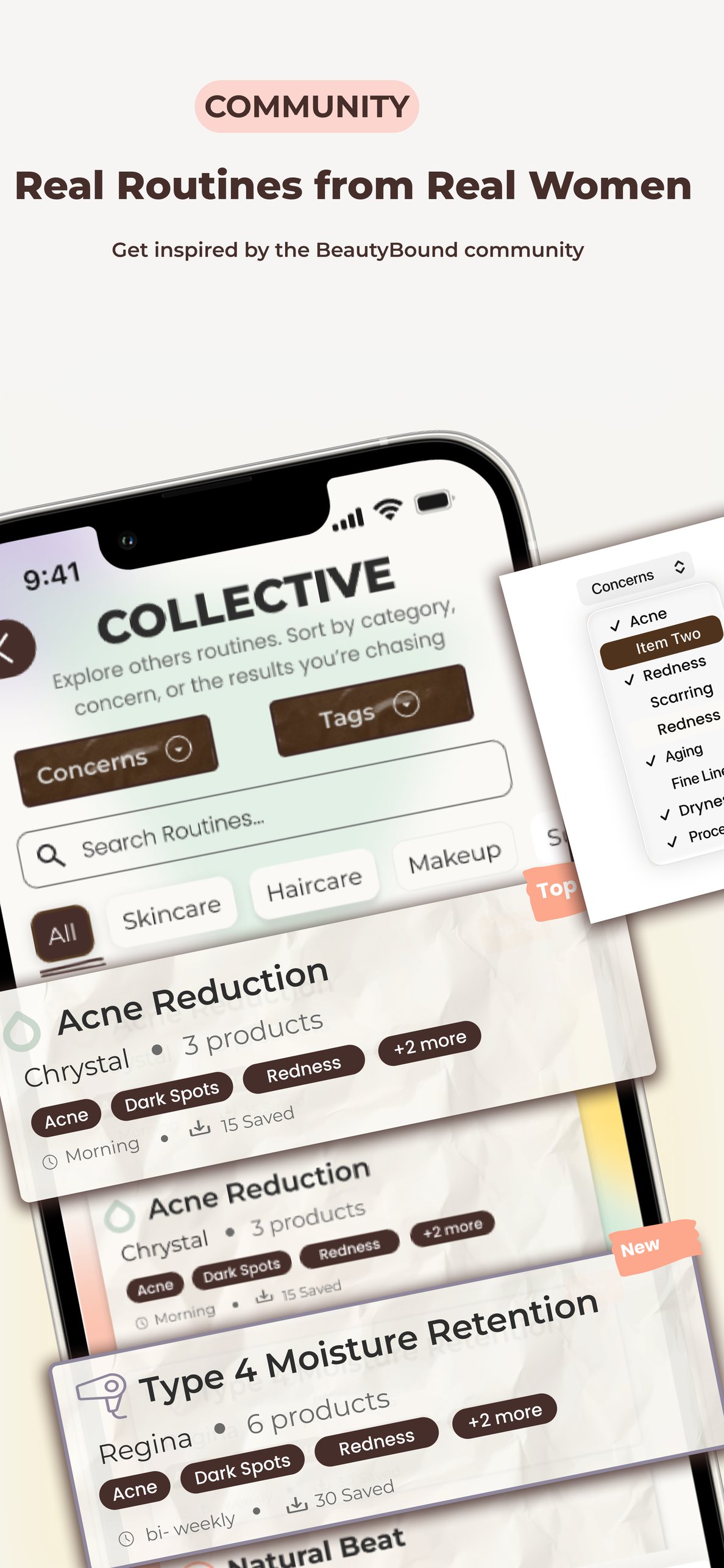 BeautyBound community routines screen with concern and category filters