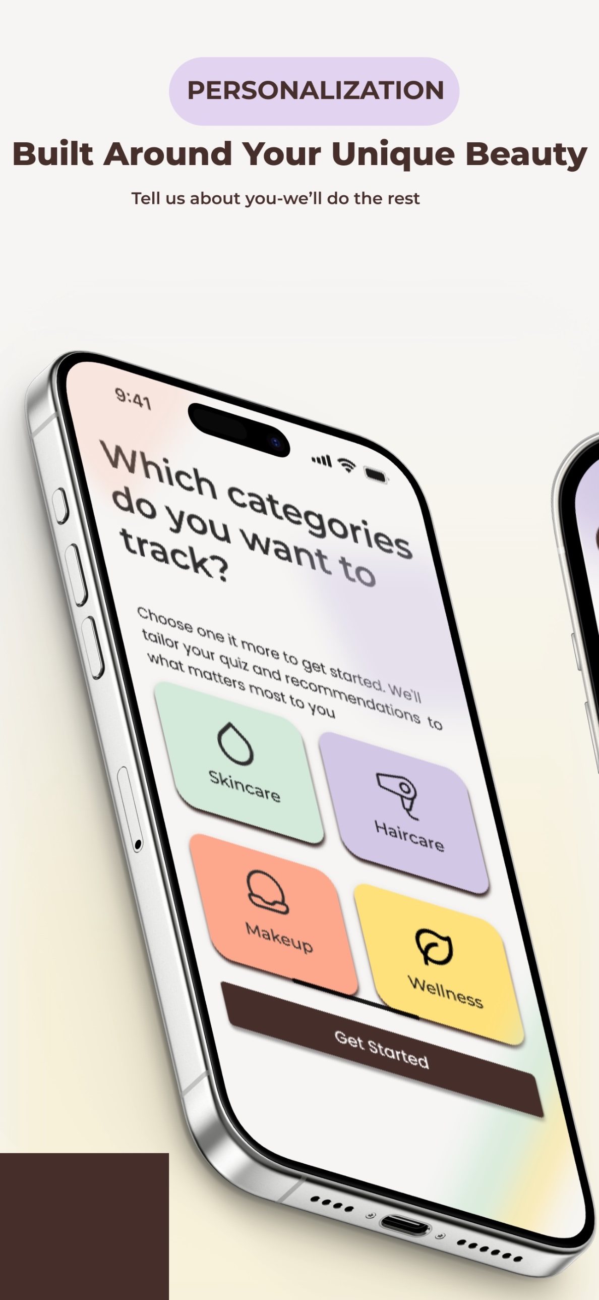 BeautyBound onboarding screen asking which categories you want to track