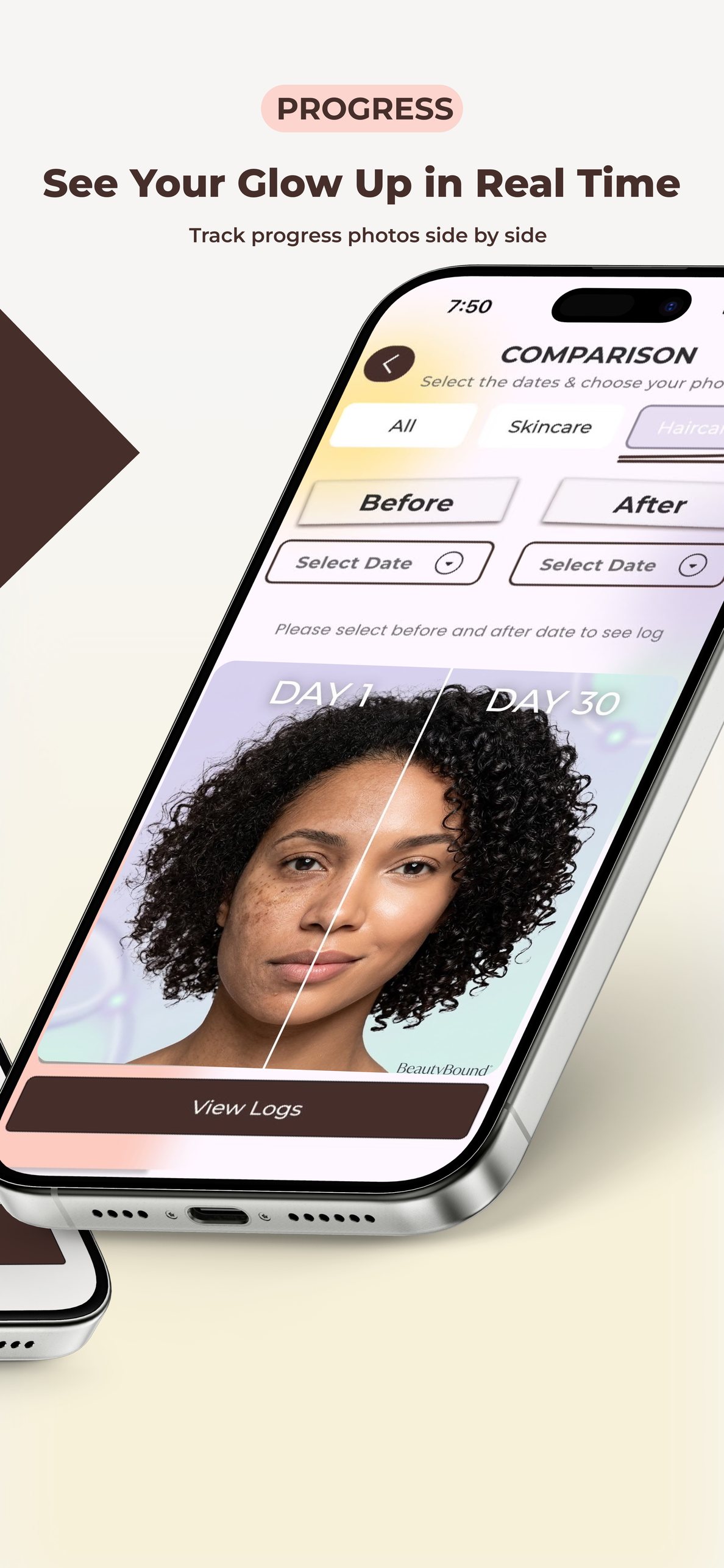 BeautyBound progress comparison with a Day 1 and Day 30 photo slider